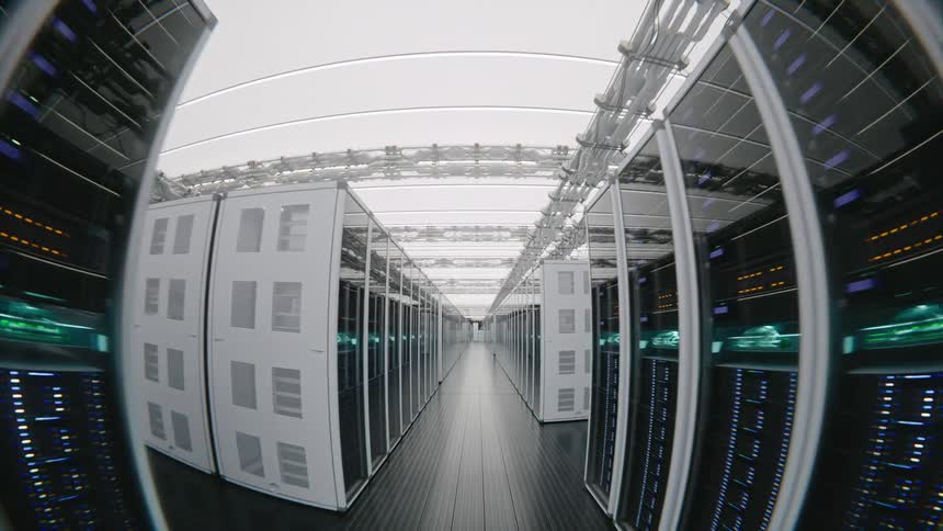 A smooth fisheye lens walkthrough of a futuristic, brightly lit data center corridor lined with endless rows of working server racks
