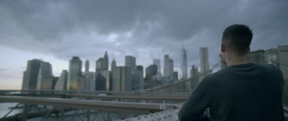 A man with short hair and a gray shirt stands next to a fence looking at a city skyline