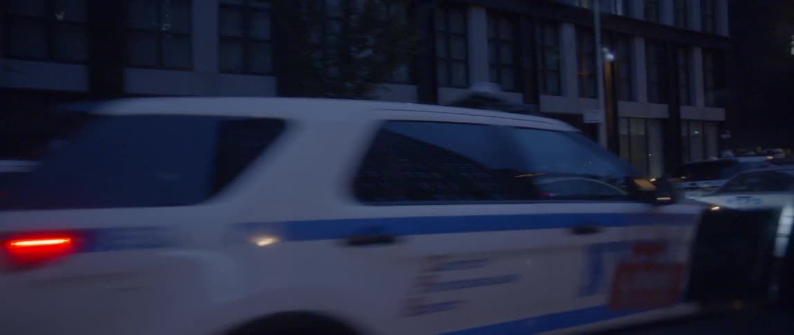 Police cars line a city street at night