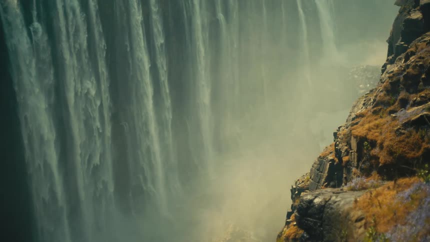 Misty spray billows up from the powerful Victoria Falls as seen from the edge of a rocky, sun-drenched cliff