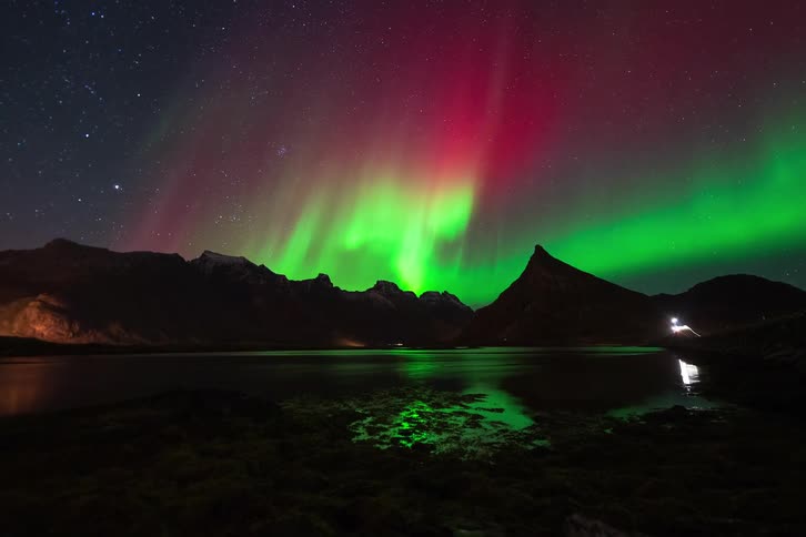 A stunning time-lapse captures the vibrant green and red Aurora Borealis dancing over a mountain lake and reflecting in the calm water under a starry sky