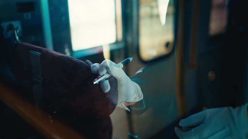 A uniformed official wearing a white glove holds a pen, poised to write while traveling on public transport