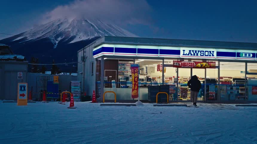 A person walks through the snow to enter a brightly lit convenience store with a majestic view of Mount Fuji in the background at dusk