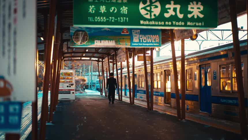A Japanese train conductor walks along a quiet, sunlit platform next to a stationary train during a calm winter day