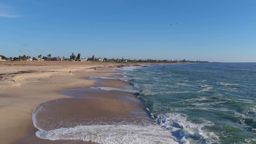 A serene aerial view of waves gently breaking on a sandy beach, with seagulls flying over the coastline under a clear blue sky
