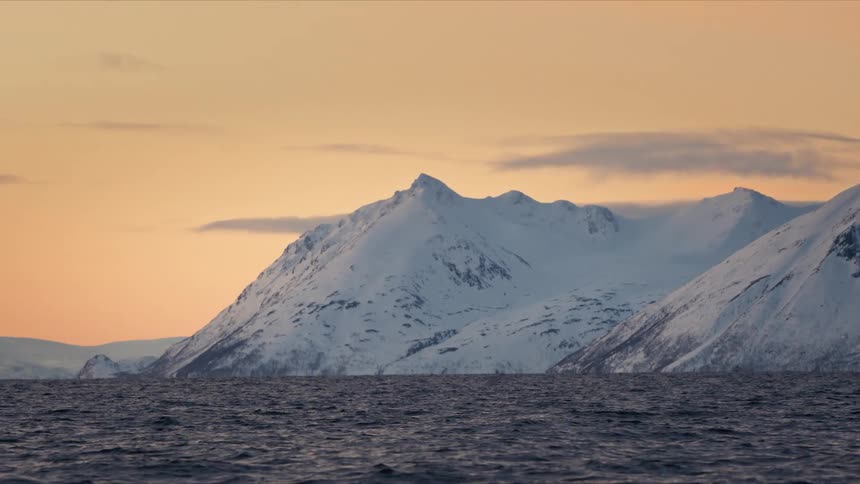 A majestic snow-covered mountain range rises from a calm sea under a beautiful golden sunset sky