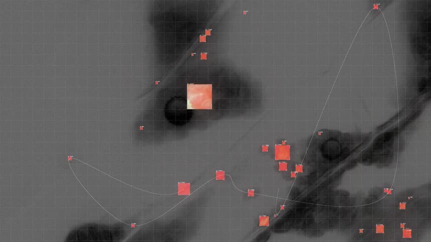 An abstract animation of a futuristic interface tracking and analyzing organic matter on a digital grid