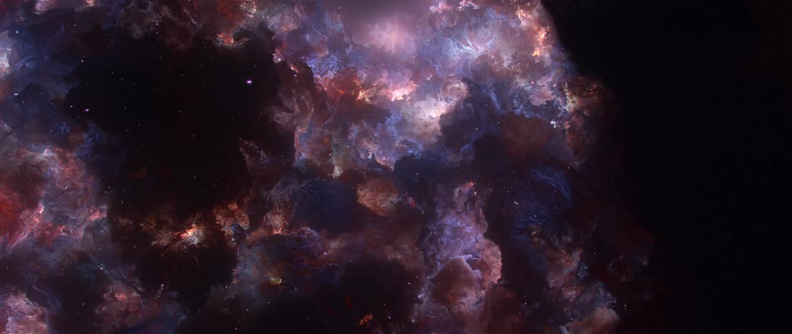 An awe-inspiring voyage through the swirling, vibrant clouds of a deep space nebula surrounded by stars