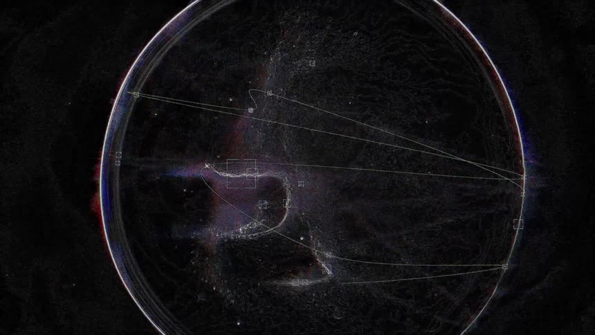A dark, technological animation displays a complex system of interconnected data points within a circular boundary