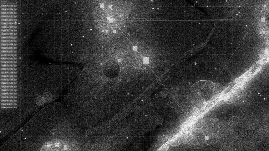 Futuristic black and white heads-up display with glitchy static scans and analyzes microscopic cells and data points