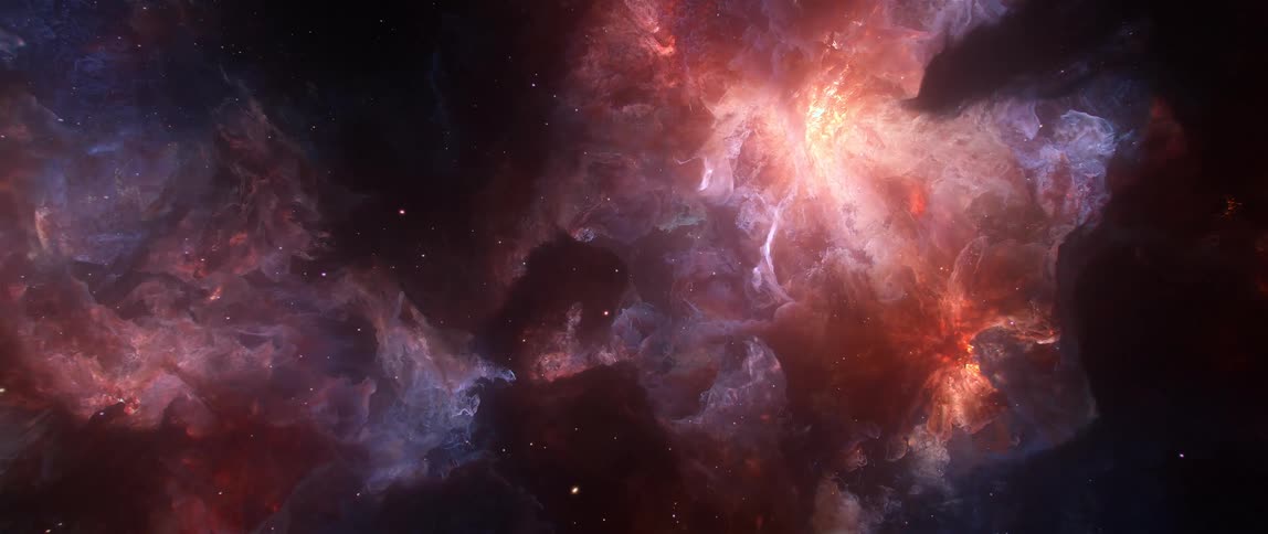 An awe-inspiring voyage through the heart of a colorful, glowing cosmic nebula filled with distant stars