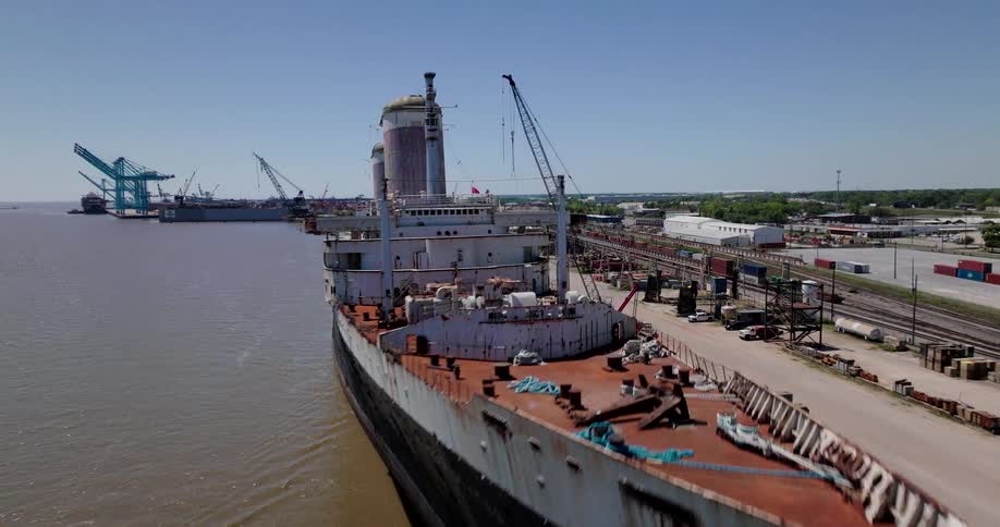 An aerial shot slowly approaches and flies over the massive, rusty, and decommissioned SS United States ocean liner docked in an industrial harbor
