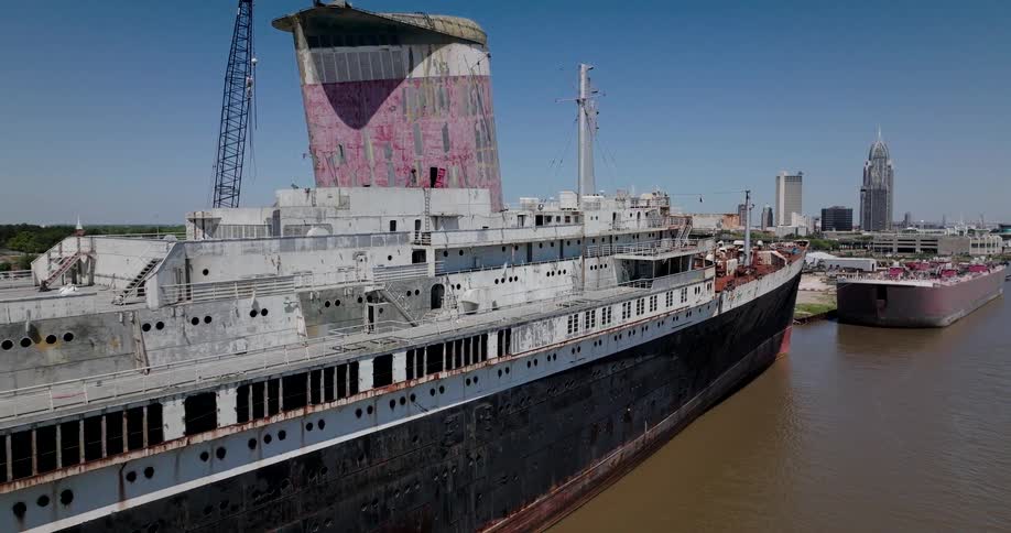 A slow aerial pan along the length of the large, rusty, and decaying SS United States ocean liner docked in an industrial port