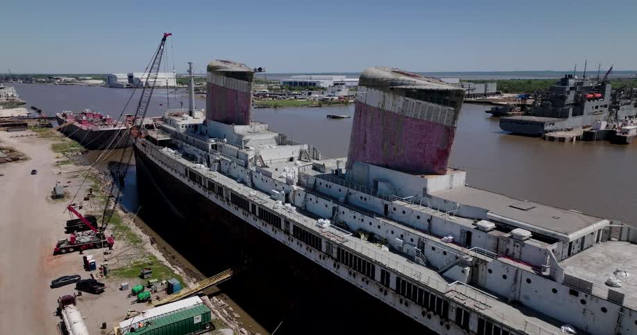 A slow aerial descent reveals the historic and weathered SS United States, a once-grand ocean liner now docked and decaying in an industrial shipyard