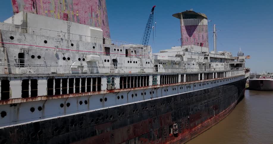 An extensive aerial flyover showcases the abandoned and rusted SS United States ocean liner docked in a river port with the city skyline in the background