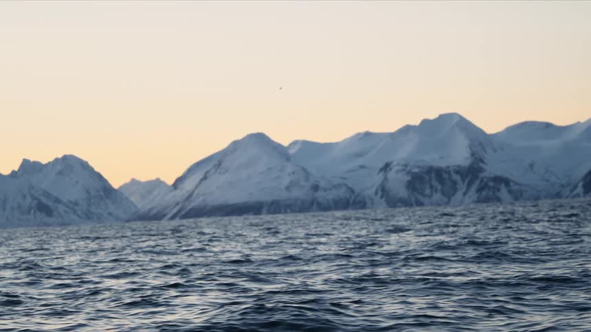 Steaming cold ocean waves gently ripple in front of a majestic snow-capped mountain range at sunrise
