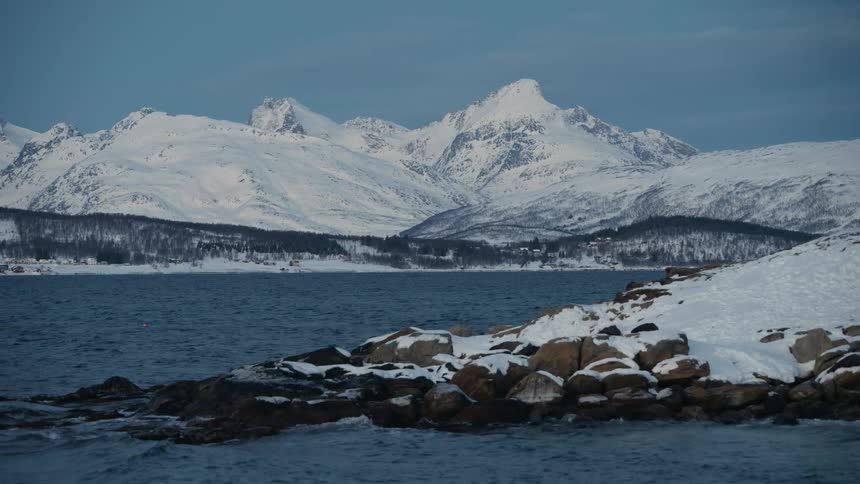 Majestic snow-covered mountains loom over a tranquil fjord as gentle waves lap against the rocky, snowy shore