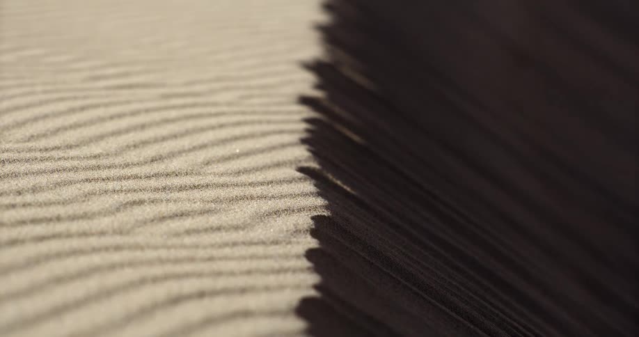 A mesmerizing close-up shows fine grains of sand being blown by wind across rippled dunes, creating a strong contrast between light and shadow
