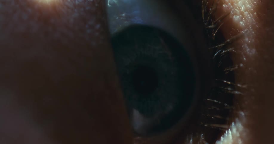 Extreme close-up macro footage of a blue eye as the pupil slowly dilates in the dark