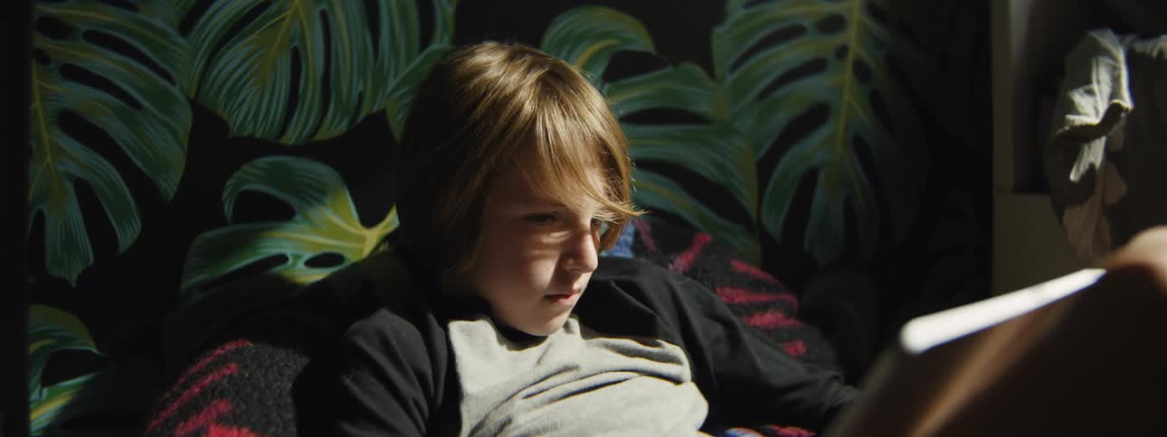 Slow push-in shot of a young boy completely absorbed in reading a book in a sunlit spot indoors