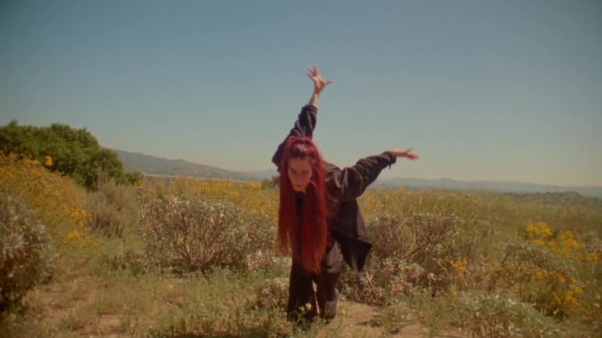A young woman with long red hair performs an expressive contemporary dance in a sun-drenched field of wildflowers