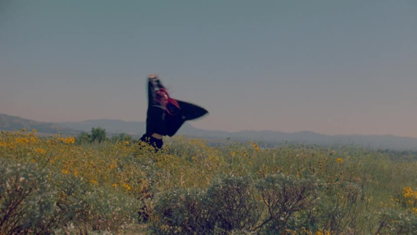A woman with flowing red hair performs an acrobatic martial arts dance in a sunlit field of wildflowers