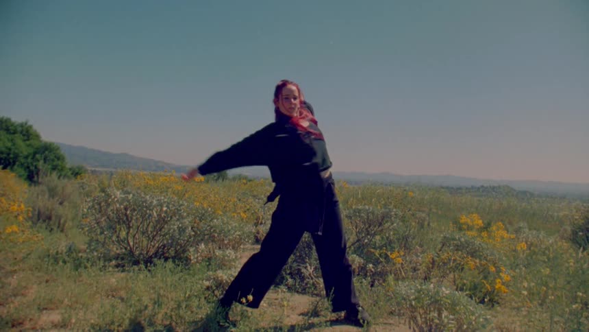 A woman with vibrant red hair performs a powerful, expressive contemporary dance in a sunlit field of wildflowers in slow motion