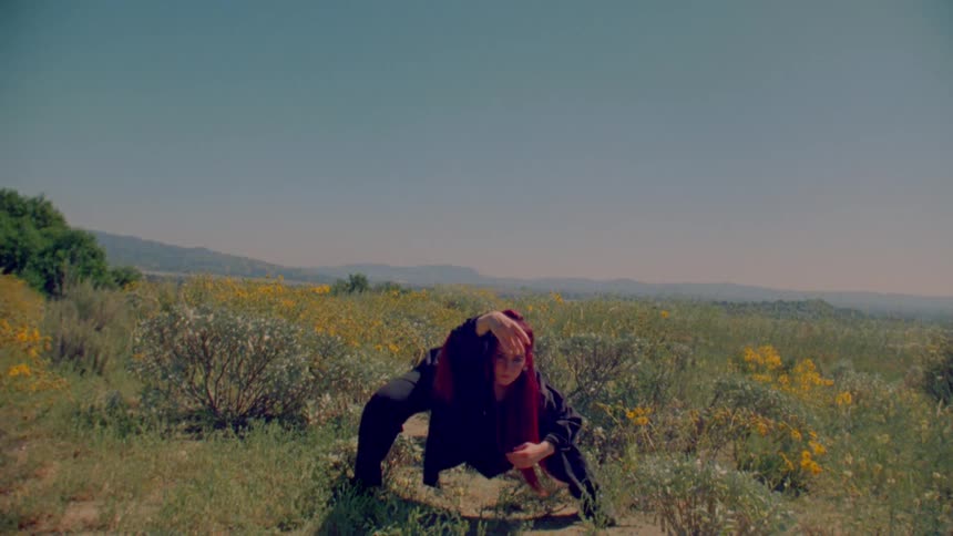 An artistic woman with vibrant red hair performs a slow, expressive dance in a wide-open, sunlit field of wildflowers