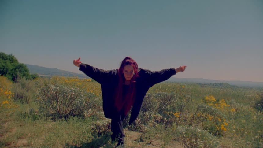 A young woman with vibrant red hair performs an expressive contemporary dance in a sun-drenched field of wildflowers