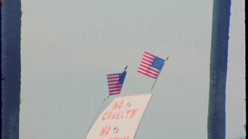 A vintage film shot captures a protest sign that reads 'No to Cruelty, No to Corruption' with two American flags waving in the wind