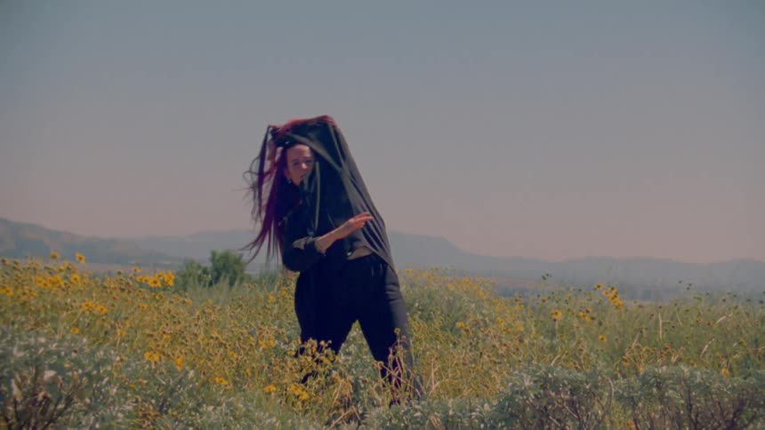 A woman with long, vibrant red hair performs an expressive contemporary dance in a sunlit field of wildflowers