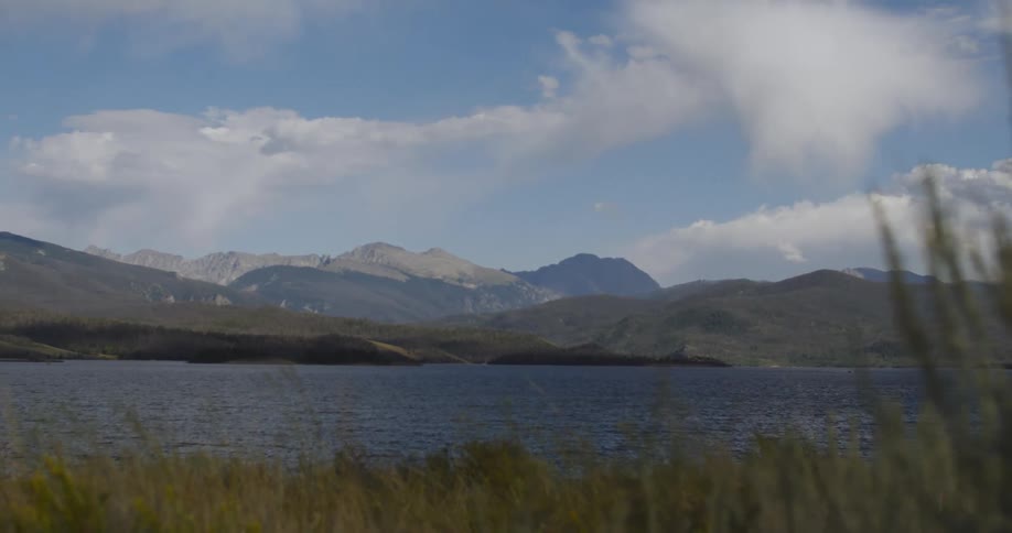 A slow pan reveals a scenic view of a vast mountain lake with a majestic mountain range in the background on a partly cloudy day