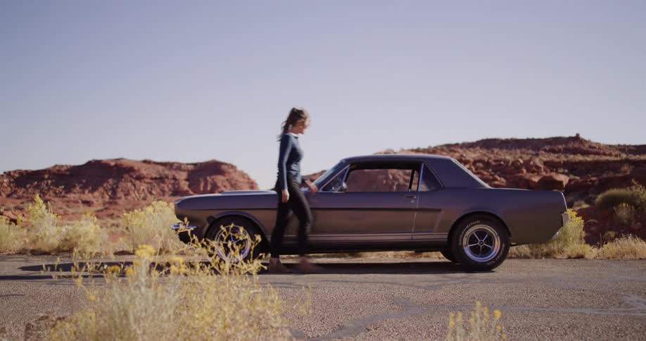 A woman's vintage car breaks down on a desert road, forcing her to inspect the engine and try to push the vehicle
