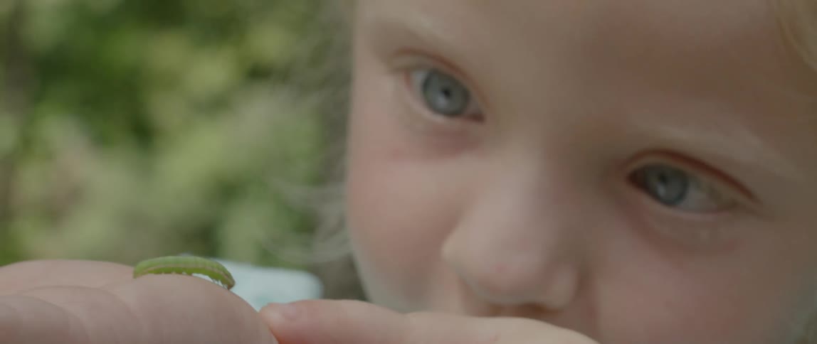 A young child is holding a caterpillar on her palm