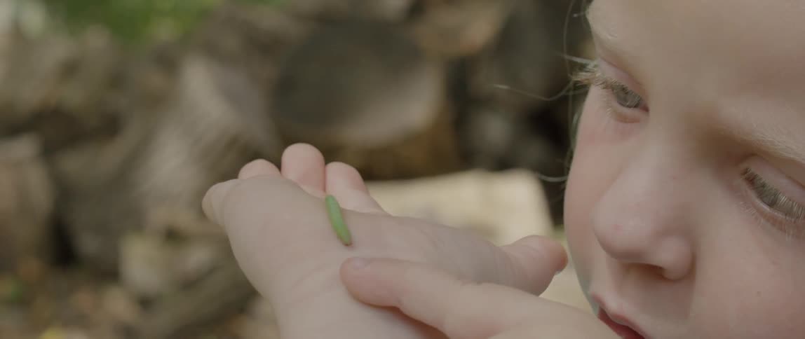 Little girl looks at a green caterpillar walking on her hand outside