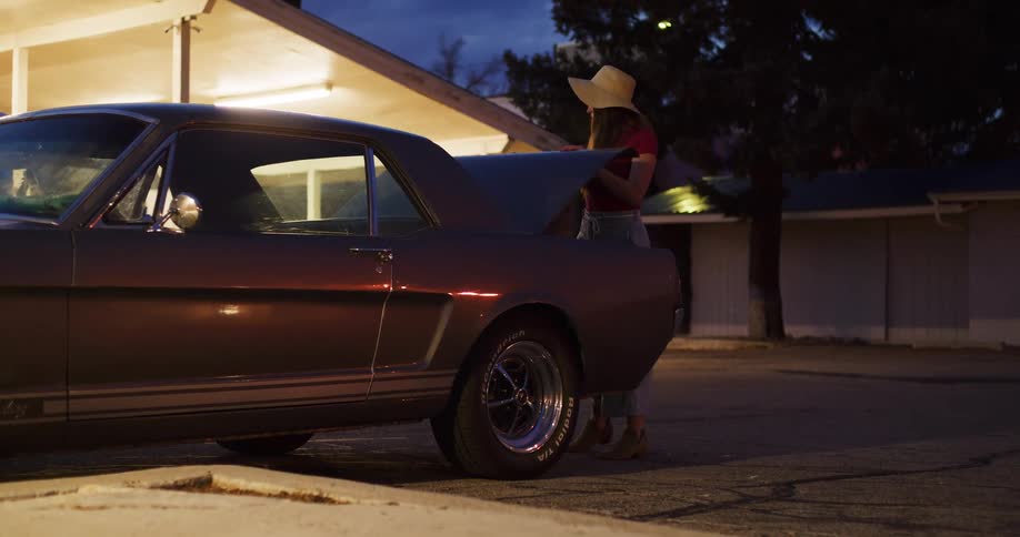 A stylish woman in a hat gets out of her classic Mustang at night, takes a vintage suitcase from the trunk, and walks off