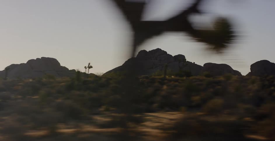 Driving through a silhouetted Joshua Tree desert landscape with rock formations passing by at sunrise