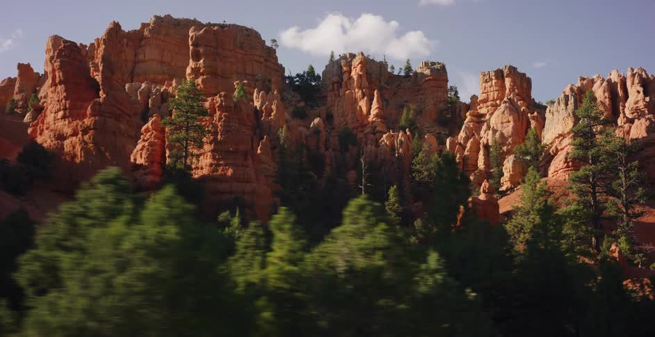 A slow tracking shot passes by a lush green forest to reveal towering red rock formations against a bright blue sky