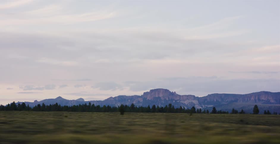 A scenic drive past a vast, grassy plain reveals a distant, rugged mountain range under a soft, cloudy sky