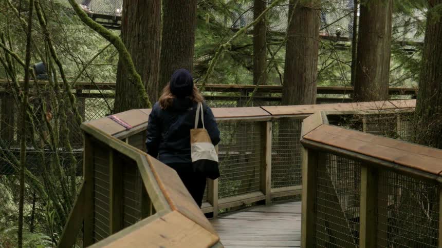 A woman walks on a fenced path