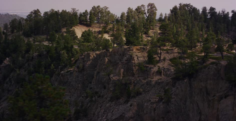 A scenic tracking shot reveals a vast mountain landscape with lush pine trees covering the rocky cliffs