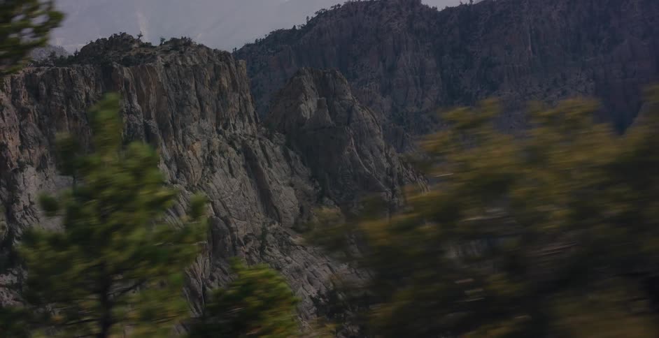 A slow scenic tracking shot past pine trees reveals the vast, rugged rock faces of a remote mountain canyon