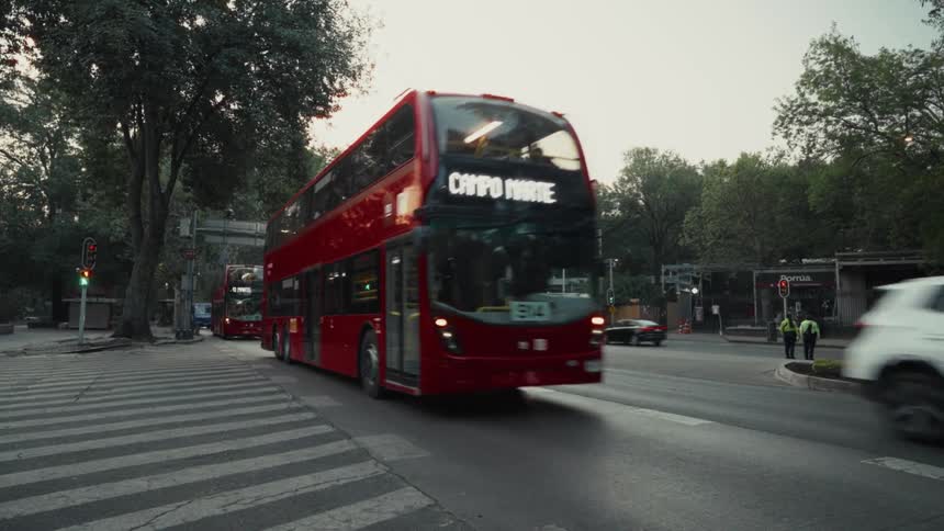A red double-decker bus drives in slow motion down a tree-lined city street with other cars
