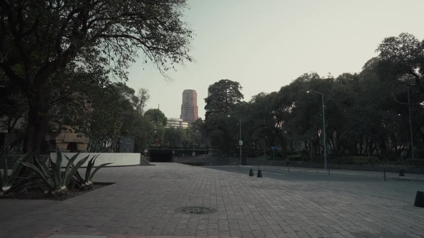 A static view of a deserted tree-lined street in a city park with a modern skyscraper in the background