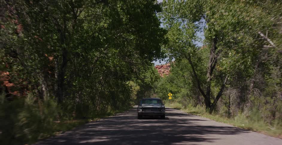 Tracking shot moving backwards from a classic black car as it drives on a scenic, tree-lined country road