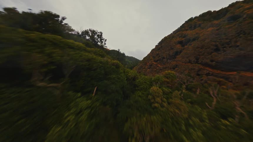 An exhilarating FPV drone flight speeds low over a lush green mountainside and into a remote valley under an overcast sky
