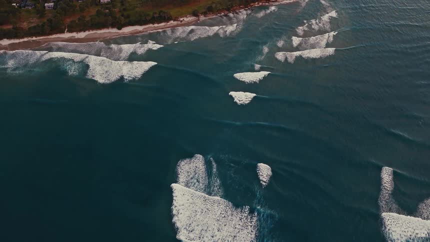 A static aerial shot captures the mesmerizing pattern of ocean waves rolling towards a sandy, tree-lined coast