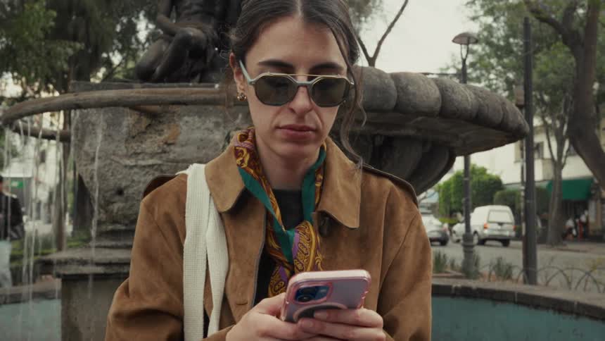 A stylish woman wearing sunglasses scrolls on her smartphone while standing by a city fountain