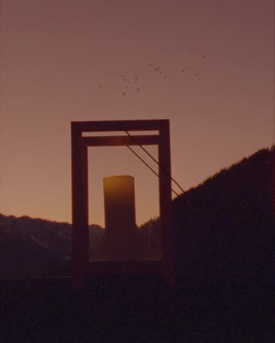 A candle flickers inside a lantern, silhouetted against a serene mountain sunset as birds fly overhead