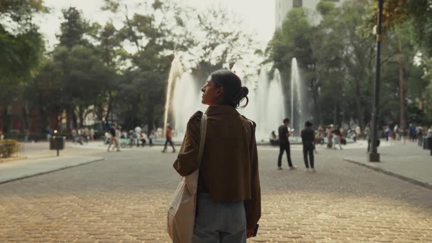 A woman with her back to the camera walks slowly through a sunlit city park towards a fountain, then pauses to enjoy the view